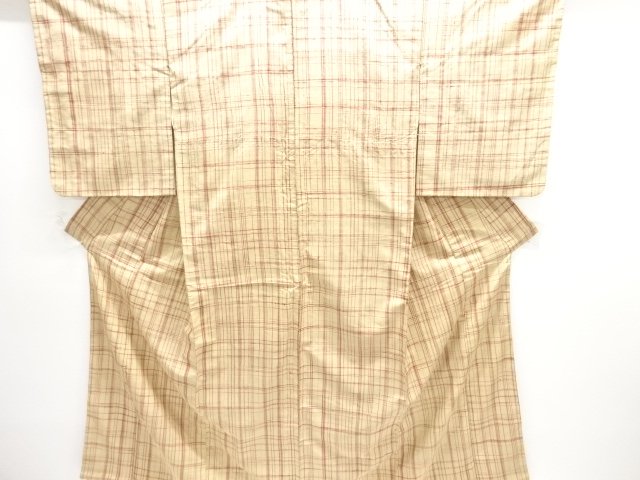 アンティーク　格子織出し手織り紬着物